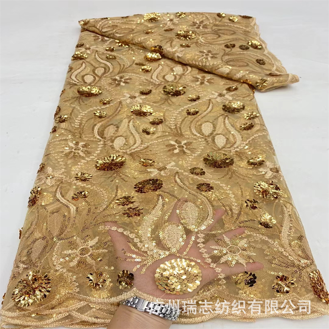 Todo el mosaico de moda sequinilla tela de encaje bordado vestido de noche africano tela de bordado de encaje tulle