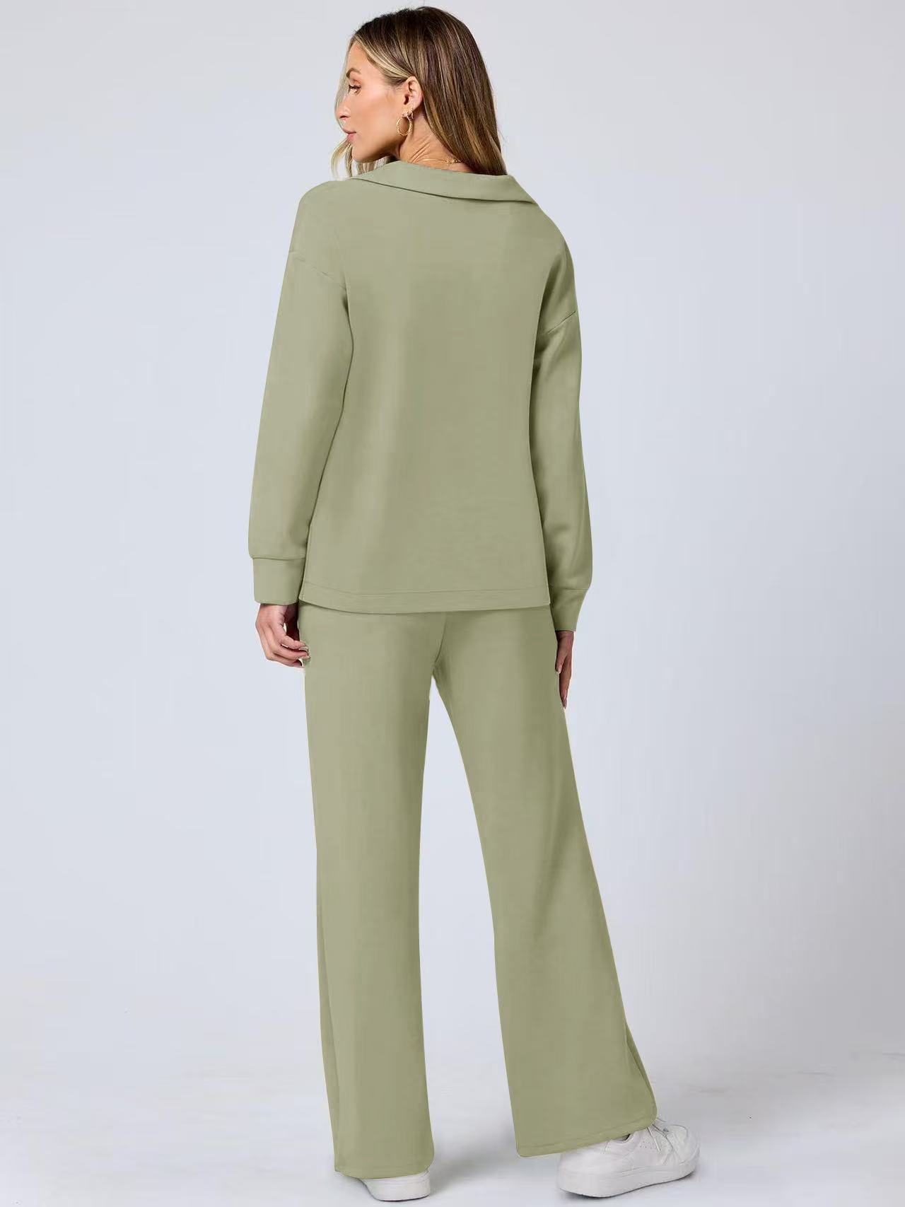 European and American Amazon Casual and Comfortable Long-Sleeved Loose Jogging Home Clothes V Neck Knitted Two-Piece Women's Suit