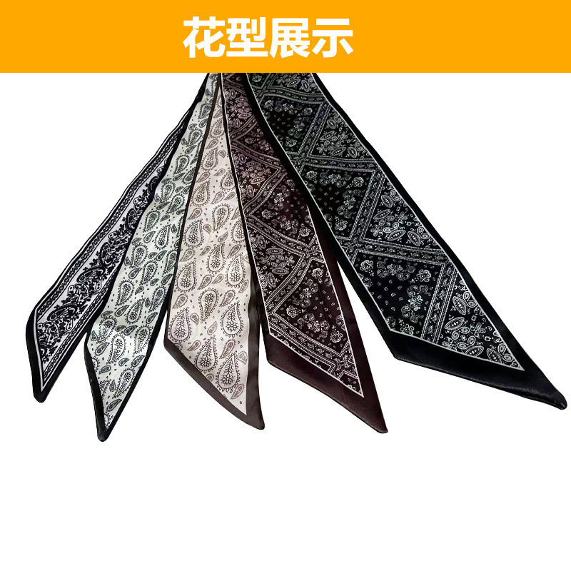 腰果花丝巾长条飘带绑包领带发带2025流行印花斜角双面小丝巾批发|undefined