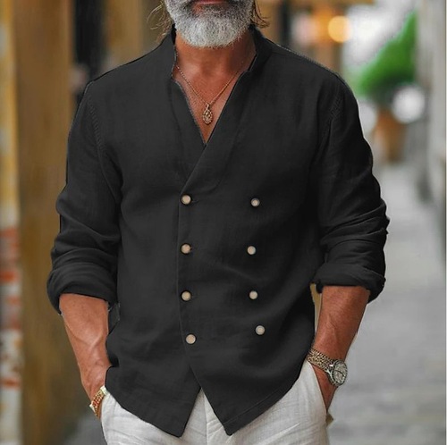 European and American men's oversized double-breasted home casual fashion stand-up collar cotton linen long-sleeved open jacket