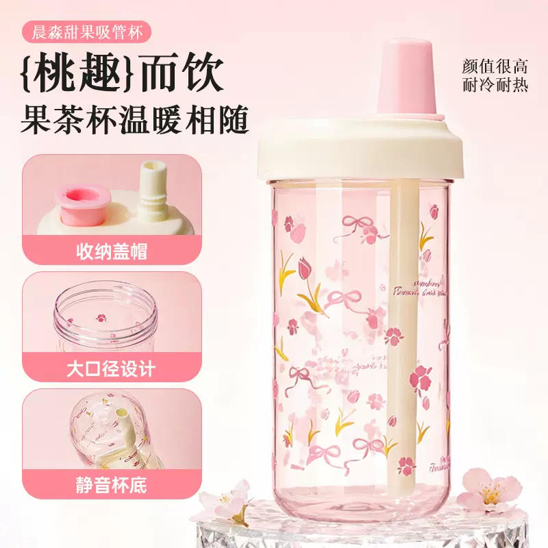 2025新款塑料吸管杯学生情侣便携礼品塑料水杯小清新水果花茶杯子