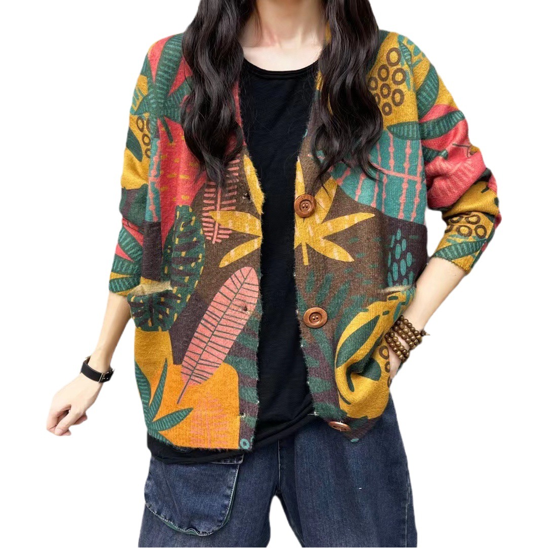 Knitted Sweater for Women, Autumn and Winter 2025 New Ethnic Style Yunnan Print V-Neck Cardigan, Mink Velvet Women's Outerwear, Cross-Border