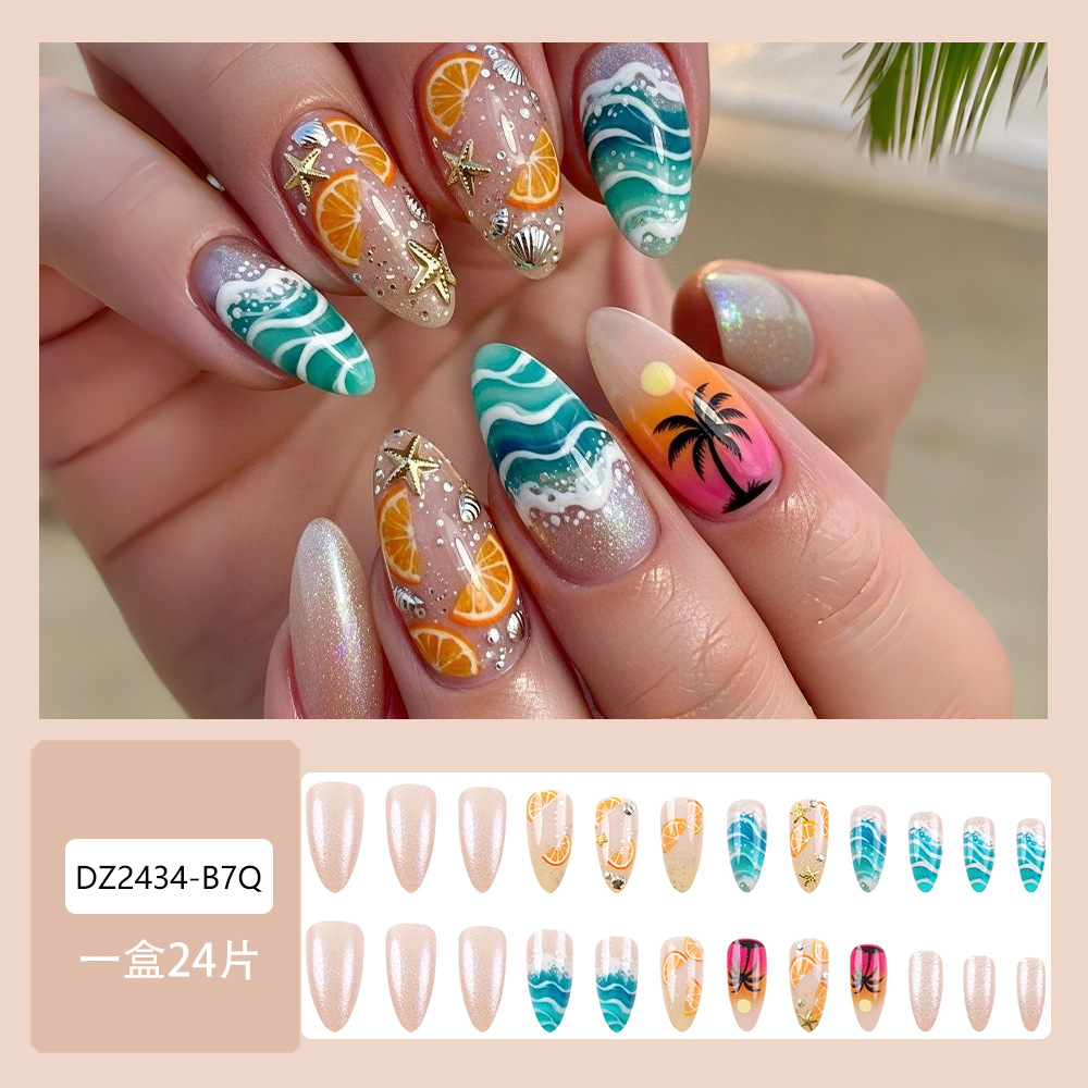 Transfronterizos tridimensionales conchas de diamante de uñas de vacaciones de verano, 24 piezas de uñas falsas calientes mezcladas