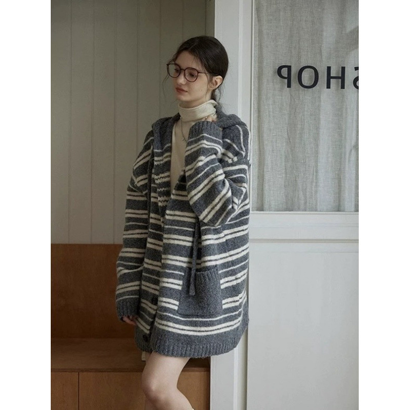 韩系复古撞色条纹针织开衫宽松慵懒风女2025秋冬新款显瘦毛衣外套|undefined