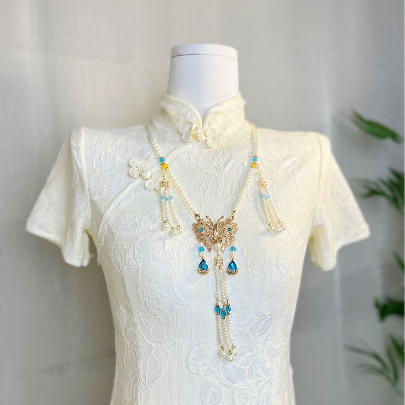 Hanfu Ancient Style Faux Pearl Necklace with Song Dynasty Burnt Blue Glass Pendant, Palace-Style Accessory Hanfu Ancient Style Faux Pearl Necklace with Song Dynasty Burnt Blue Glass Pendant, Palace-Style Accessory