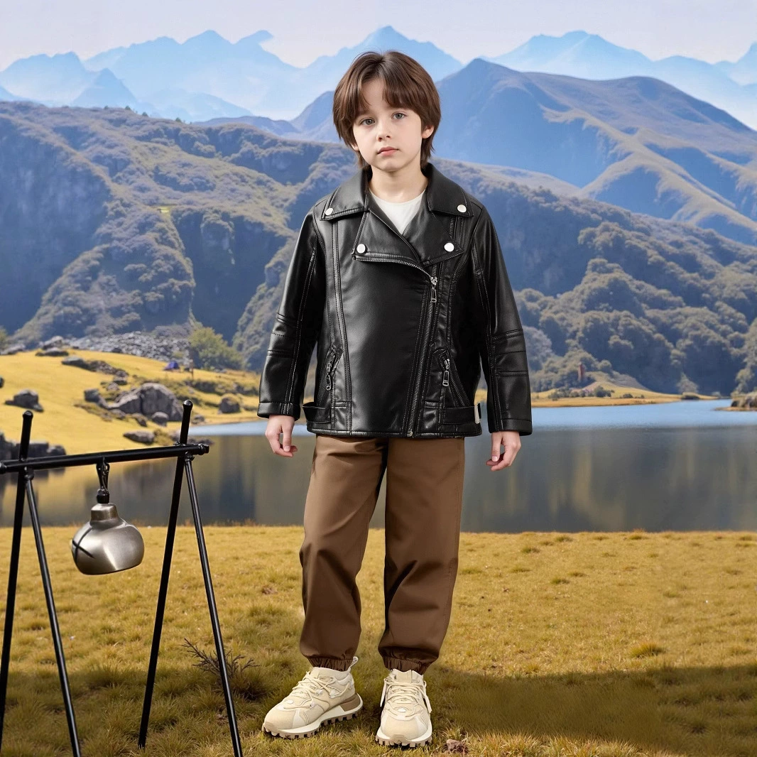 Детская одежда Кожаная одежда Весна и осень Новая детская одежда из искусственной кожи с лацканами Корейская Мода Модная кожаная куртка для мальчиков и девочек Пальто