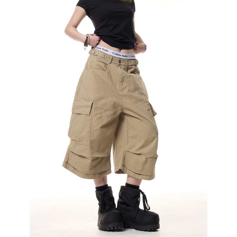 American Retro Multi-Pocket Solid Color Workwear Shorts for Women, Summer New Casual Loose Straight Wide-Leg Mid-Length Shorts American Retro Multi-Pocket Solid Color Workwear Shorts for Women, Summer New Casual Loose Straight Wide-Leg Mid-Length Shorts