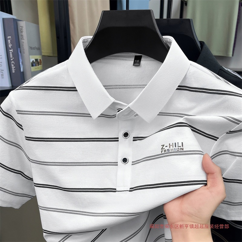2026新款男士夏季条纹翻领休闲百搭条纹上衣高品质短袖POLO衫代发