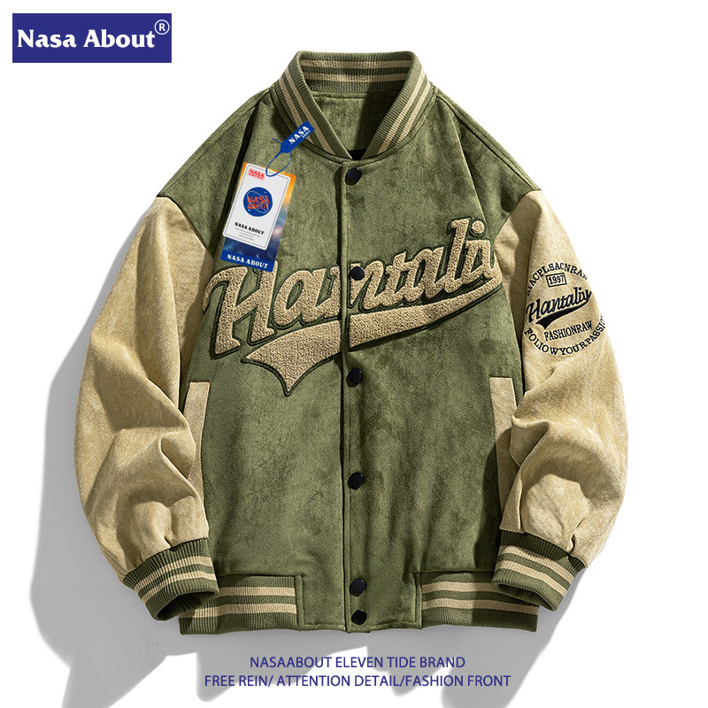 NASA联名麂皮绒棒球服男女宽松vintage秋季ins美式飞行员情侣夹克