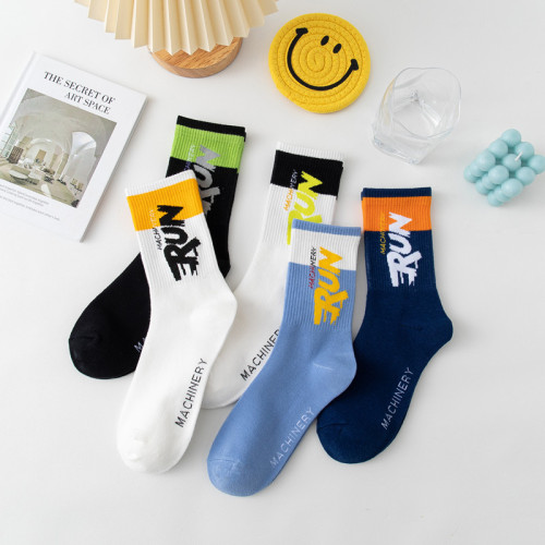 Socks Men's Mid-calf Socks Spring and Autumn Sports Deodorant Youth Basketball Socks Student Long-Tube Hip-Hop Letter Trendy Socks Wholesale