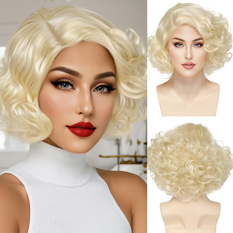 Marilyn Monroe Wig Fluffy Short Curly Hair for Women Adult Golden European and American Style Monroe Wig Full Head Set