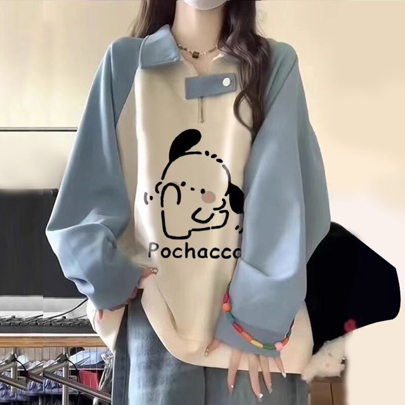 Autumn and winter printed dopamine-inspired stylish sweatshirts for women, featuring a slimming, loose fit, color-blocking design, and a zipper and button closure