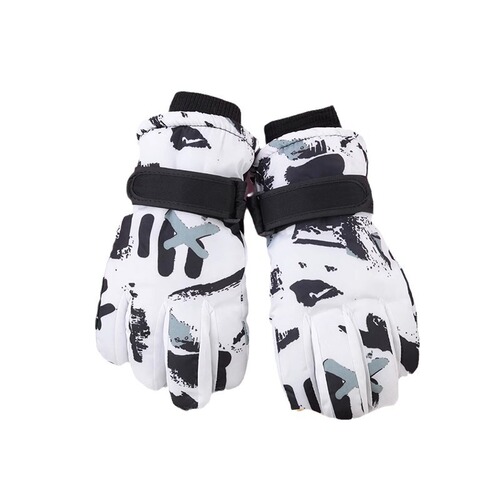 Children's Ski Snow Gloves with Fleece Lining, Thick, Waterproof, Warm, Anti-Slip, White, Doodle Proof, Cold Winter Gloves