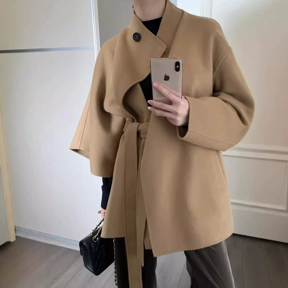 Разноцветный Асимметричный плащ на шнуровке из сверхтонкой шерсти с двухсторонним Шерстяным Пальто вогнутой формы