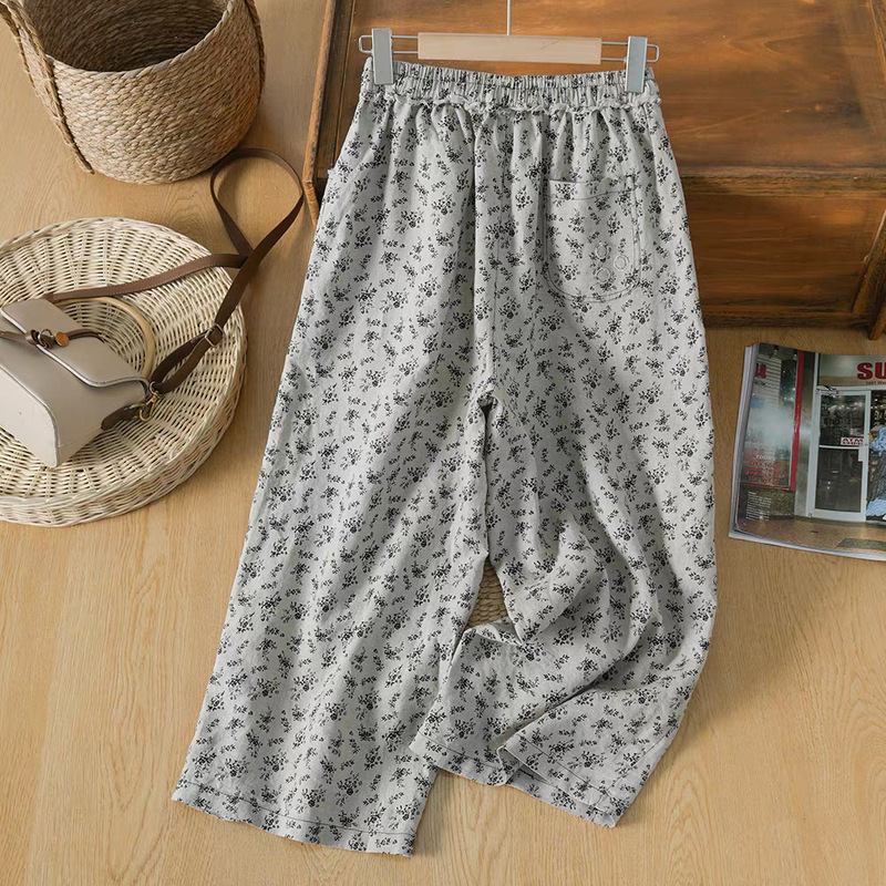 New 14-Piece Set of Hemp Raindrop Print Fabric Artistic Casual Cool Slimming Nine-Point Wide-Leg Pants with Black Floral Pattern
