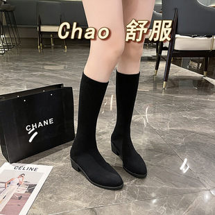 2025 Spring and Autumn Fashion High Stretch Thin Socks Boots Women's Pointed Thick Heel plus size High Boots Trendy