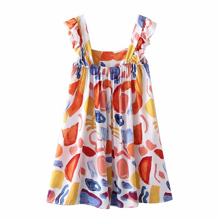 color printing ruffled square neck halter sleeveless dress  NSAM55327