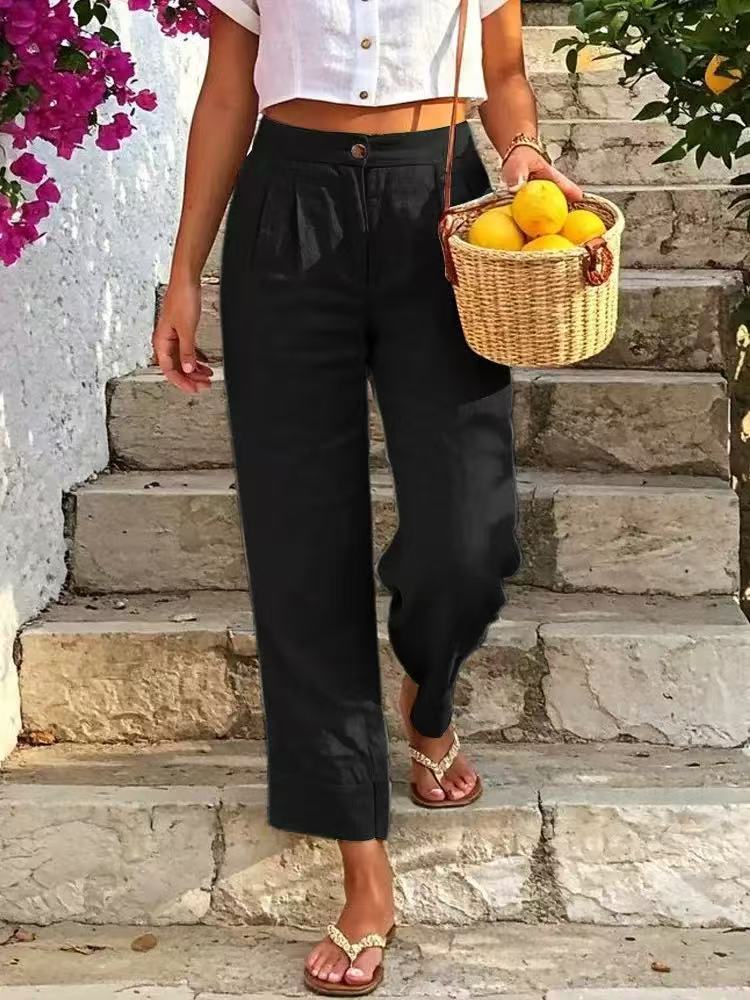 Women's Linen-Cotton Blend Summer Trousers | Casual High-Waisted Button-Front Pants | Breathable Relaxed Fit Wide-Leg Pants For Women_ecoleips.com