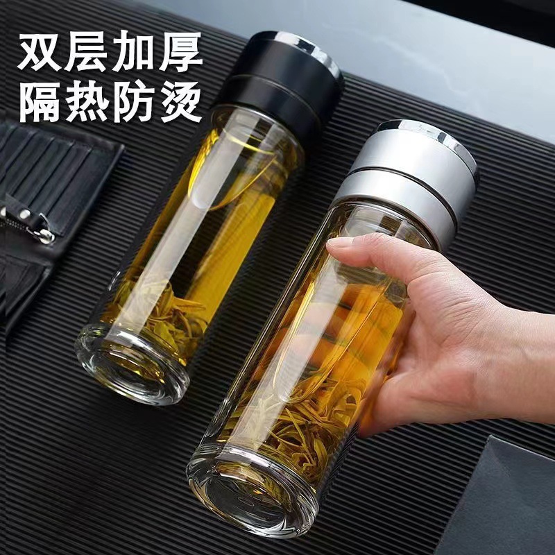 廠家代發速開杯一鍵開蓋玻璃杯子雙層高硼硅商務杯茶水分離泡茶杯