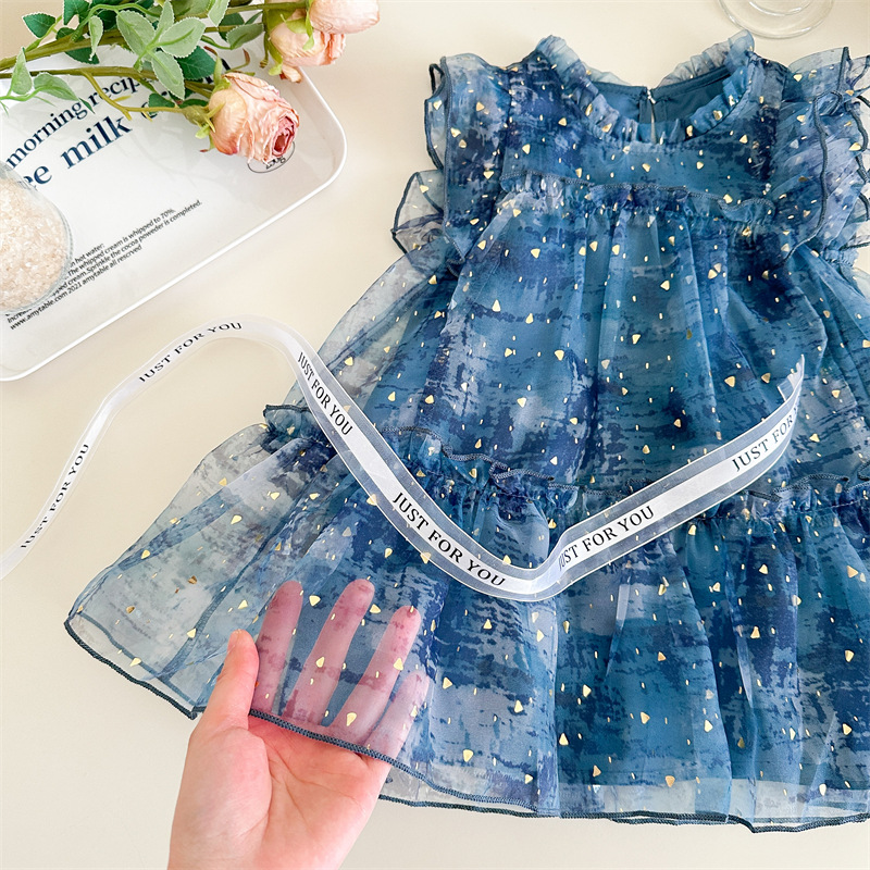 Vesta de niña 2025 verano nuevo vestido de niños de estilo extranjero mangas pequeñas falda de princesa de bebé de verano pantalón de malla