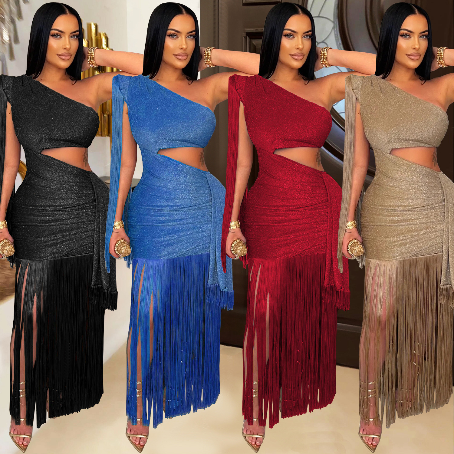 C7428 Cross-border AliExpress Amazon Moda europea y americana Vestido de falda larga con flecos de un solo hombro casual sexy para mujer
