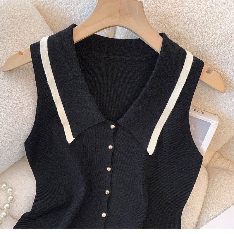 French-Style Color-Blocked Navy Sleeveless Knit Vest Women's Summer New Design Slim Short Top