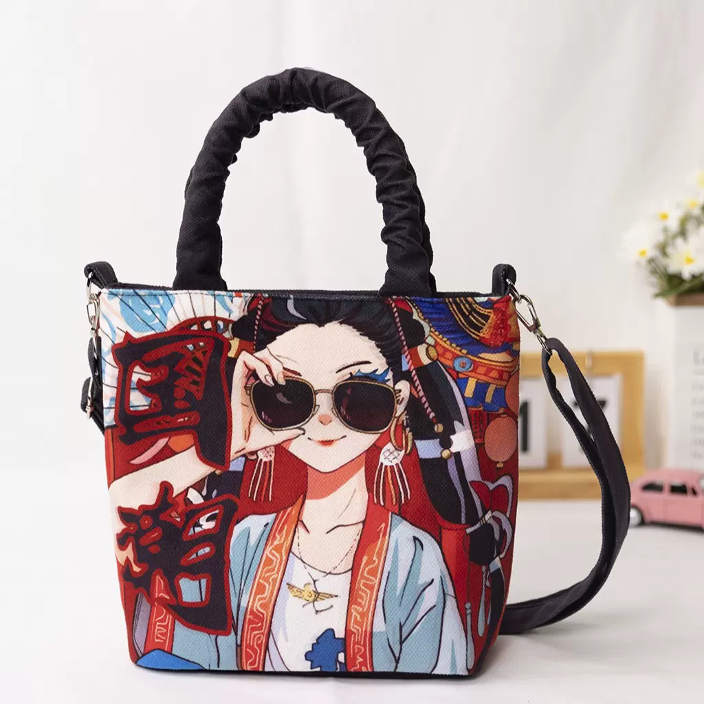 国风手拎包袋小众设计小包包艺术插画帆布包女包休闲手提水桶包