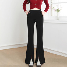 2025春秋开叉喇叭裤弹力高腰口袋女黑裤修身气质长裤显瘦微喇裤子