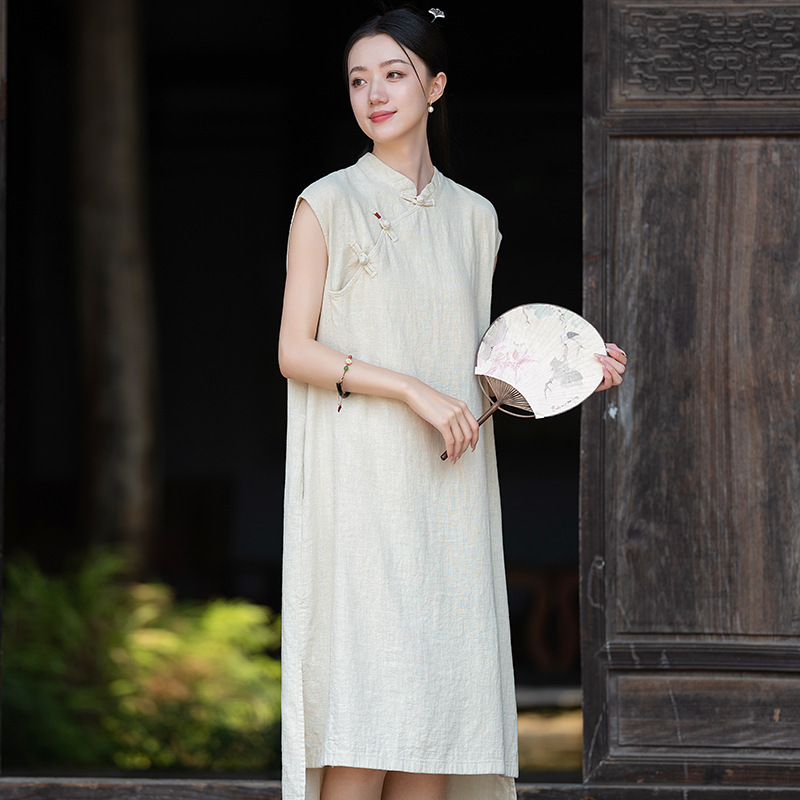 26 Summer New Original Chinese Style Retro Button Cotton Linen Qipao Women's Ramie Sand Washed Stand Collar Sleeveless Dress