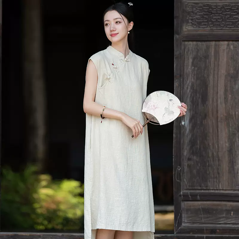 25夏季新款原创中式复古盘扣棉麻旗袍女式苎麻砂洗立领无袖连衣裙