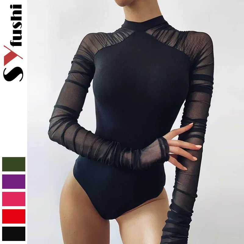 欧美秋季新款女装半高领时尚网纱拼接长袖修身辣妹连体纯色打底衫