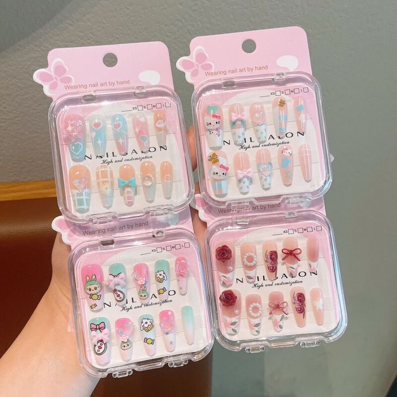 New Cartoon Children's Wearable Nails, Long Style, Cute Heart-Shaped Bow, Detachable, Sweet Girly Nail Art Stickers