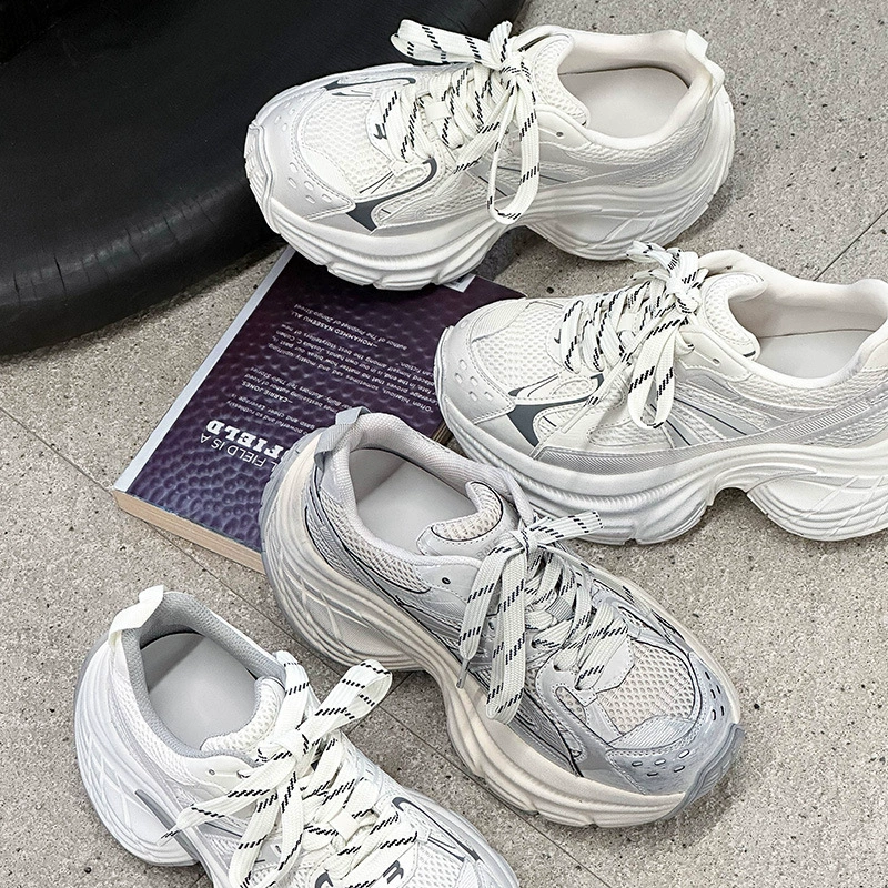 Женские туфли из натуральной кожи 2025 весной толстая подошва маленький человек увеличен 6CM парижская обувь папы сетка дышащая спортивная повседневная обувь