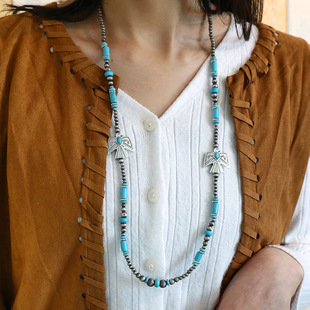 Western Denim Style Retro Simple CCB Beaded Necklace Western Style Blue Turquoise Eagle Pendant Necklace