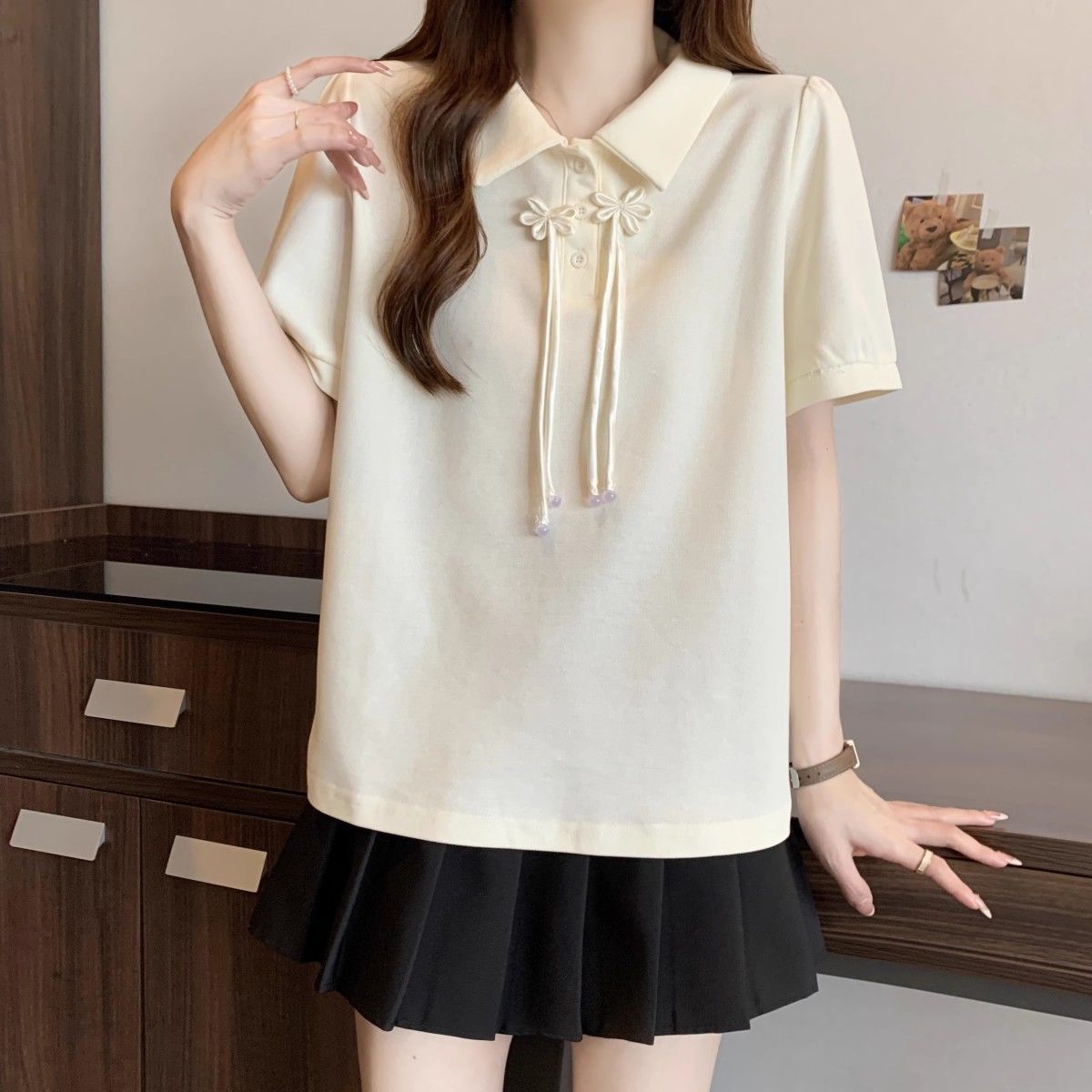 Ropa de mujer de talla grande Fat mm Nuevo estilo chino Colgante con cuello de polo Camiseta de manga corta suelta y delgada que cubre la carne image 5