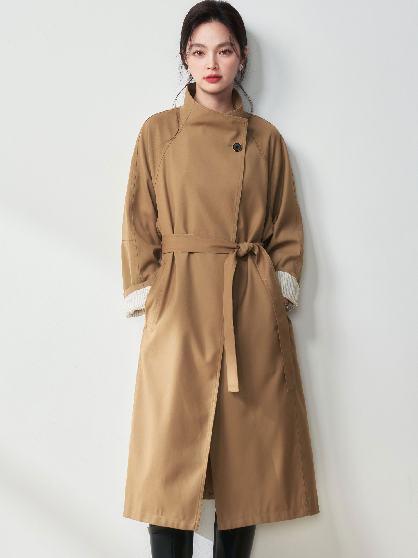 26春 シンプルROW風 立ち襟デザイン シンプルカジュアル通勤風 ロングコート ミドル丈 ウインドブレーカー 25075