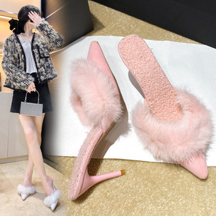 2022 new furry high heel sandals women's fashion outer wear pointed stiletto toe closed toe Muller half slippers women's fashion