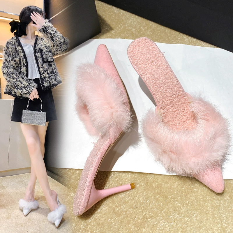 2022 новые волосатые холодные тапочки на высоком каблуке женские модные носки
