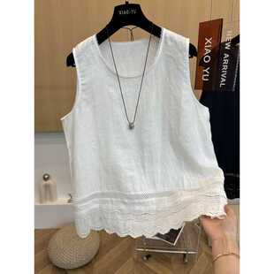European Summer New Style High-End Fashion Elegant Lace Embroidery Sleeveless Pure Linen Vest Shirt Top for Women