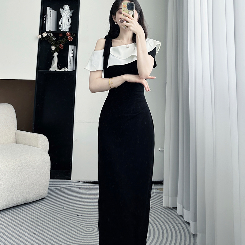 9735 French Hepburn Style Elegant Black dress Women's Summer High-grade Tight Waist Slimming Split Sheath Dress