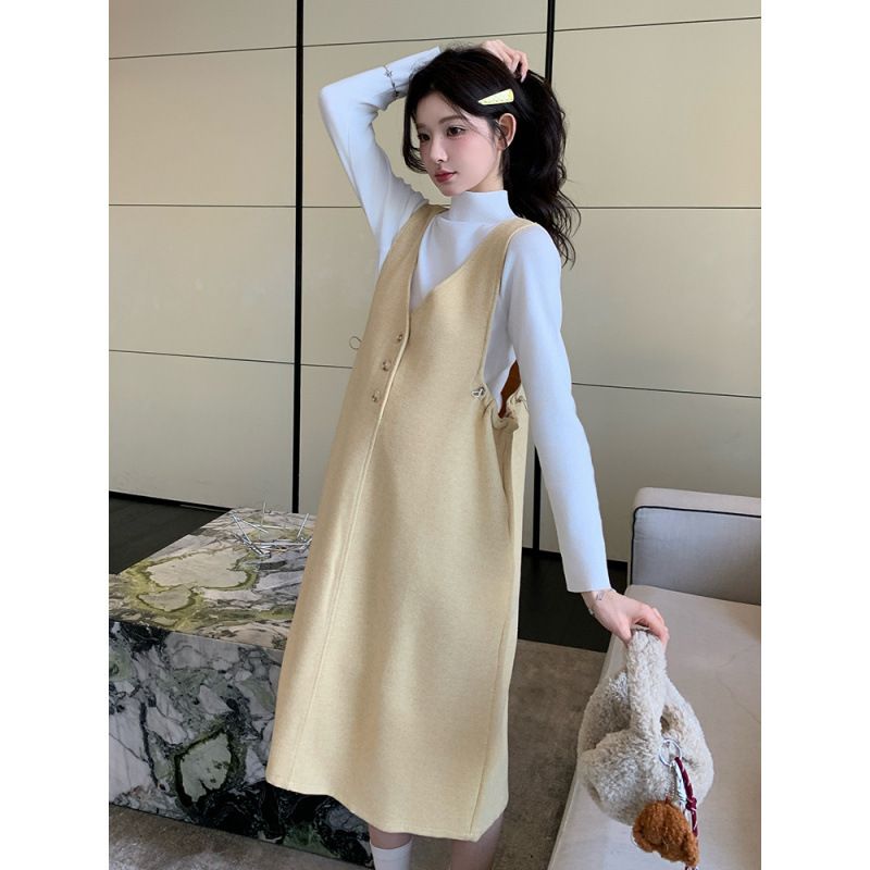 孕妇秋冬新款毛呢背心连衣裙背带裙针织打底衫甜美显瘦辣妈两件套|undefined