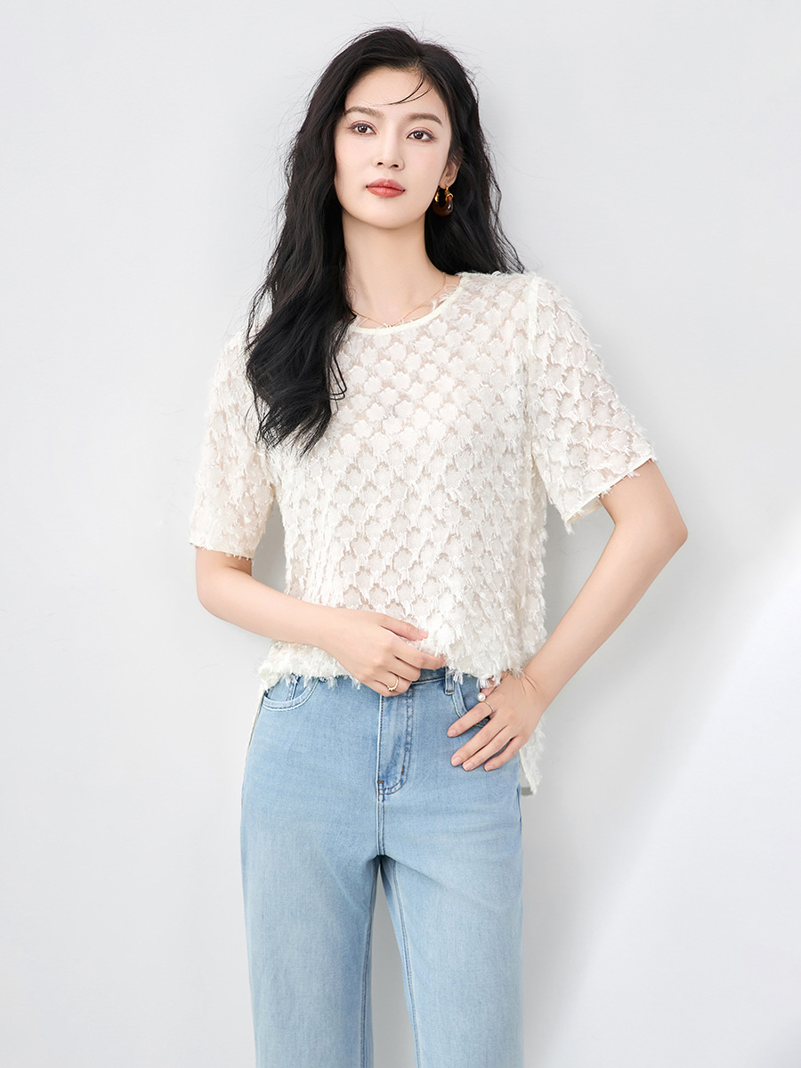 Áo thun lụa hoa cổ tròn thanh lịch đi làm mùa hè nữ phong cách rộng rãi — Màu đen