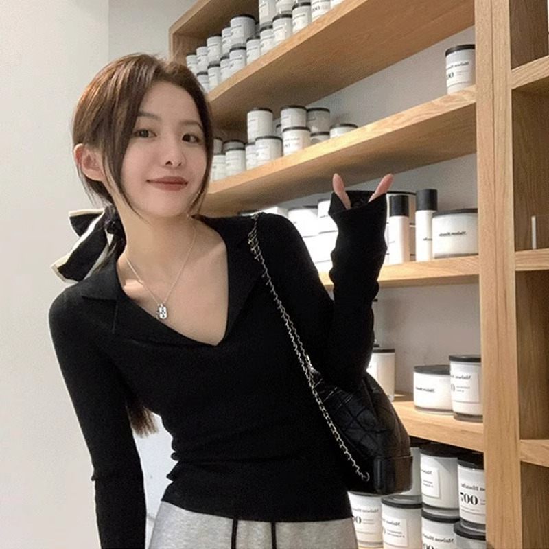纯欲风辣妹POLO针织衫女早秋穿搭打底设计感小众修身显瘦别致上衣|undefined