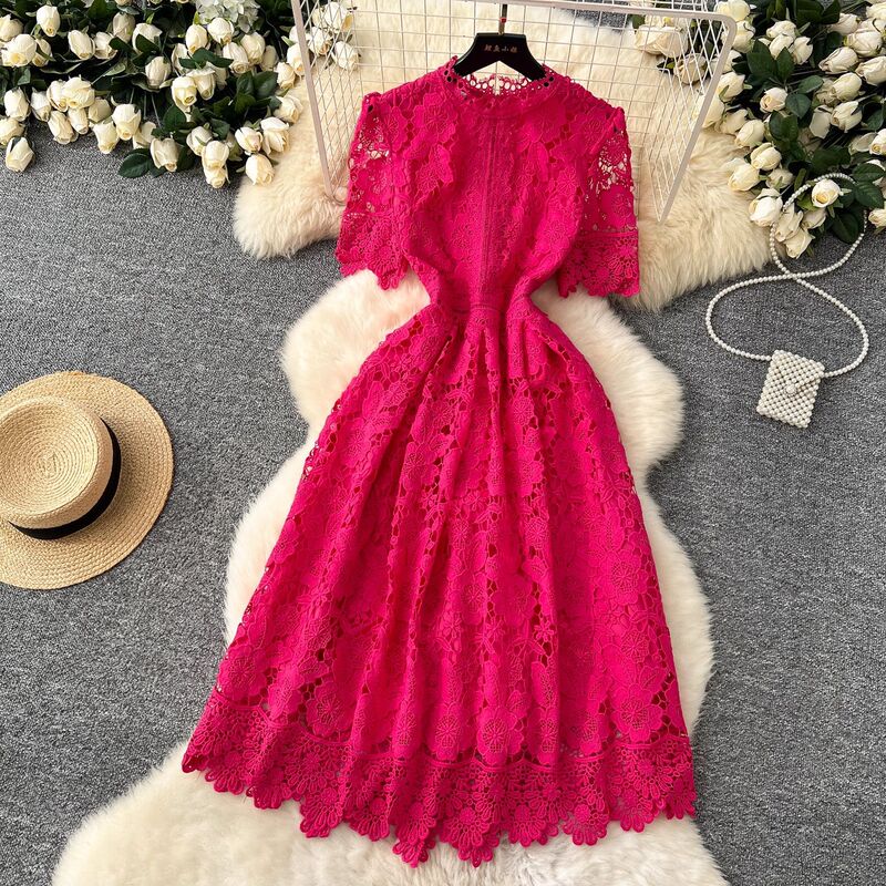 Vintage Elegant Heavy Craft Hollow Crochet Water-Soluble Lace Dress for Women French Waist-Slimming Short Sleeve Gown Long Dress