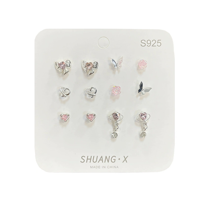 Набор серёг (SHUANG X) S925 серебряная игла, розовые кристаллы, 6 пар милый микс