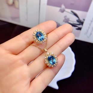 925 Silver Set Swiss Blue Topaz Ring Pendant suit Fashion Extensive Light Luxury High-grade Main Stone 8*10
