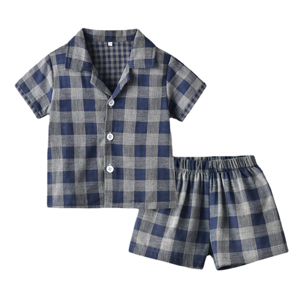 Nuevo producto traje de pijama 204 camisa de doble velo a cuadros de manga corta de verano pantalones cortos casuales ropa de hogar para niños niños