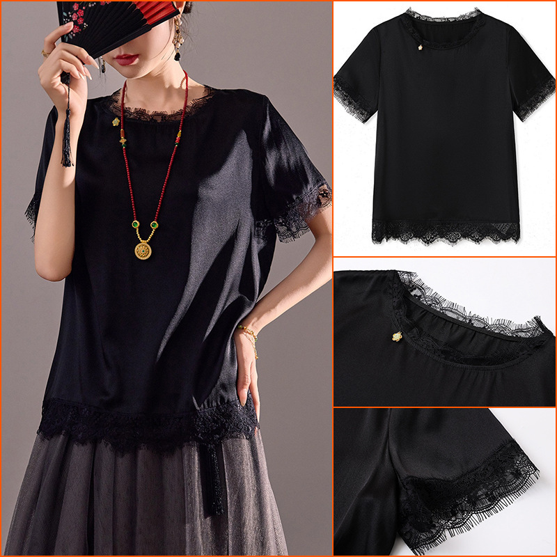 National Style Summer New Chinese Style Lace Design Short-Sleeved Top Mulberry Silk Black Round Neck Shirt for Women Zx Model N3066
