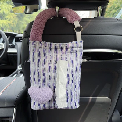Car-mounted tissue box and trash bin Car tissue box/set - purple-heart-shaped-fabric-hanging-tissue-bag