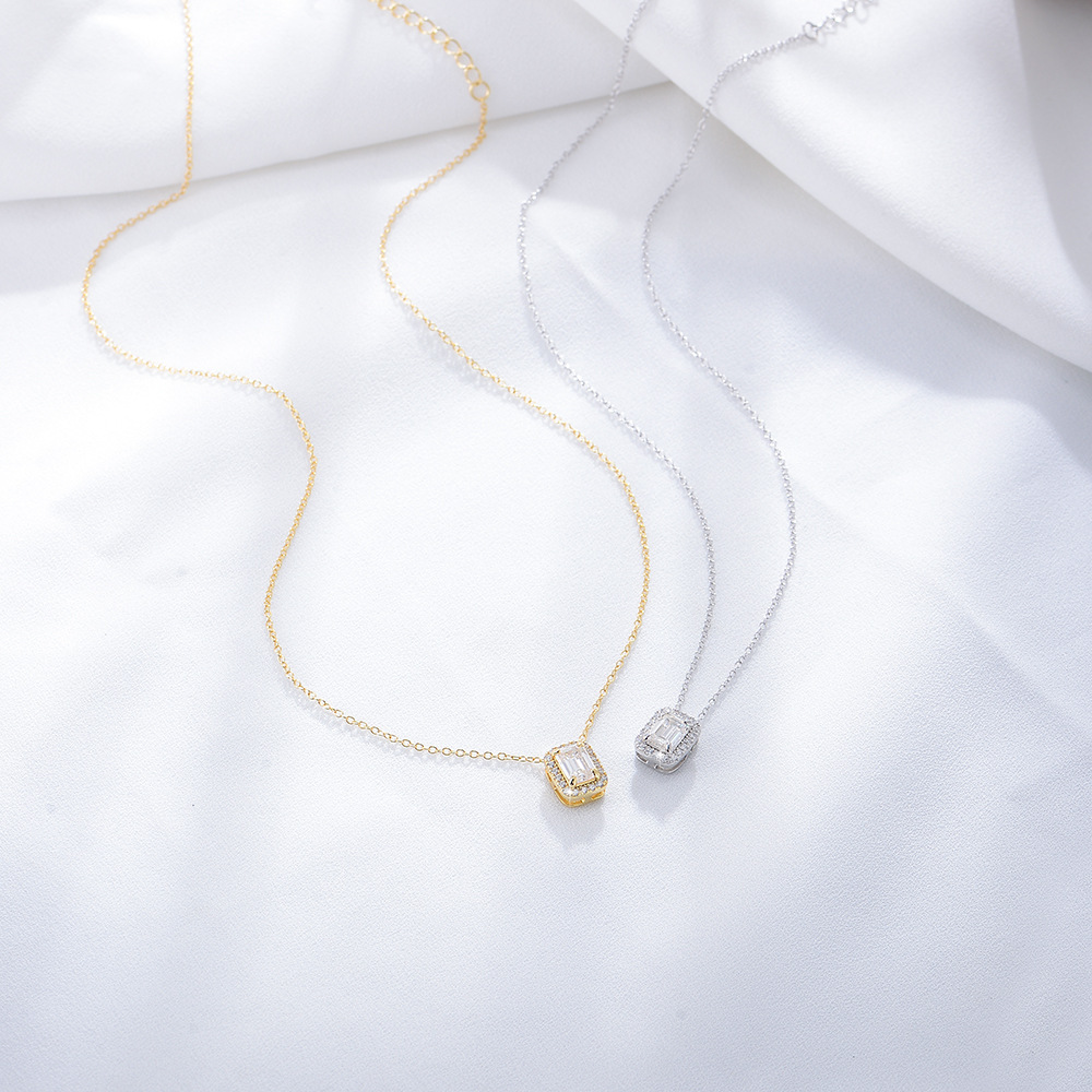 14K Real Gold Plated, Rhodium Plated Plating Material 925 Sterling Silver Pendant Material Zircon Inlay Material 925 Sterling Silver Zircon Inlay Square Pendant Necklace